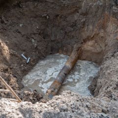 A large, rusted pipe is exposed in a deep trench filled with muddy water and surrounded by excavated dirt. Part of a metal ladder is visible on the left side of the image, indicating the trench's depth. The trench appears to be a work site for utility or sewer repairs.