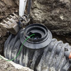 An excavator installs a large plastic septic tank into a dug-out hole. The tank is connected by a green cable and a black pipe, with surrounding dirt and the excavator arm clearly visible. The scene depicts a construction or home improvement project.