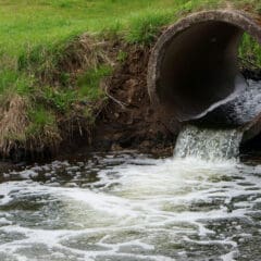 A large pipe embedded in a grassy bank with water flowing out of it into a foamy and turbulent stream below. The surrounding area has green grass and slight erosion around the edges of the pipe.