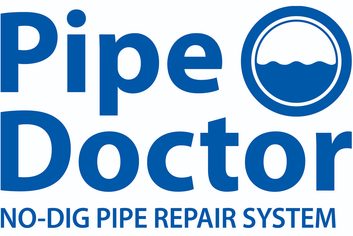 Logo with the text "Pipe Doctor" and the slogan "NO-DIG PIPE REPAIR SYSTEM" below. The logo features a circular design containing a wave pattern symbolizing water, integrated at the top right of the word "Pipe." All text and graphics are in blue.