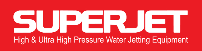 A red rectangular banner featuring the word "SUPERJET" in large white, bold letters. Below it, in smaller white text, is the phrase "High & Ultra High Pressure Water Jetting Equipment".