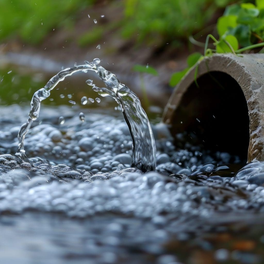 A close-up of water flowing out of a pipe and splashing up in an arc with bubbles on the surface. The background includes green foliage, indicating an outdoor, natural setting.