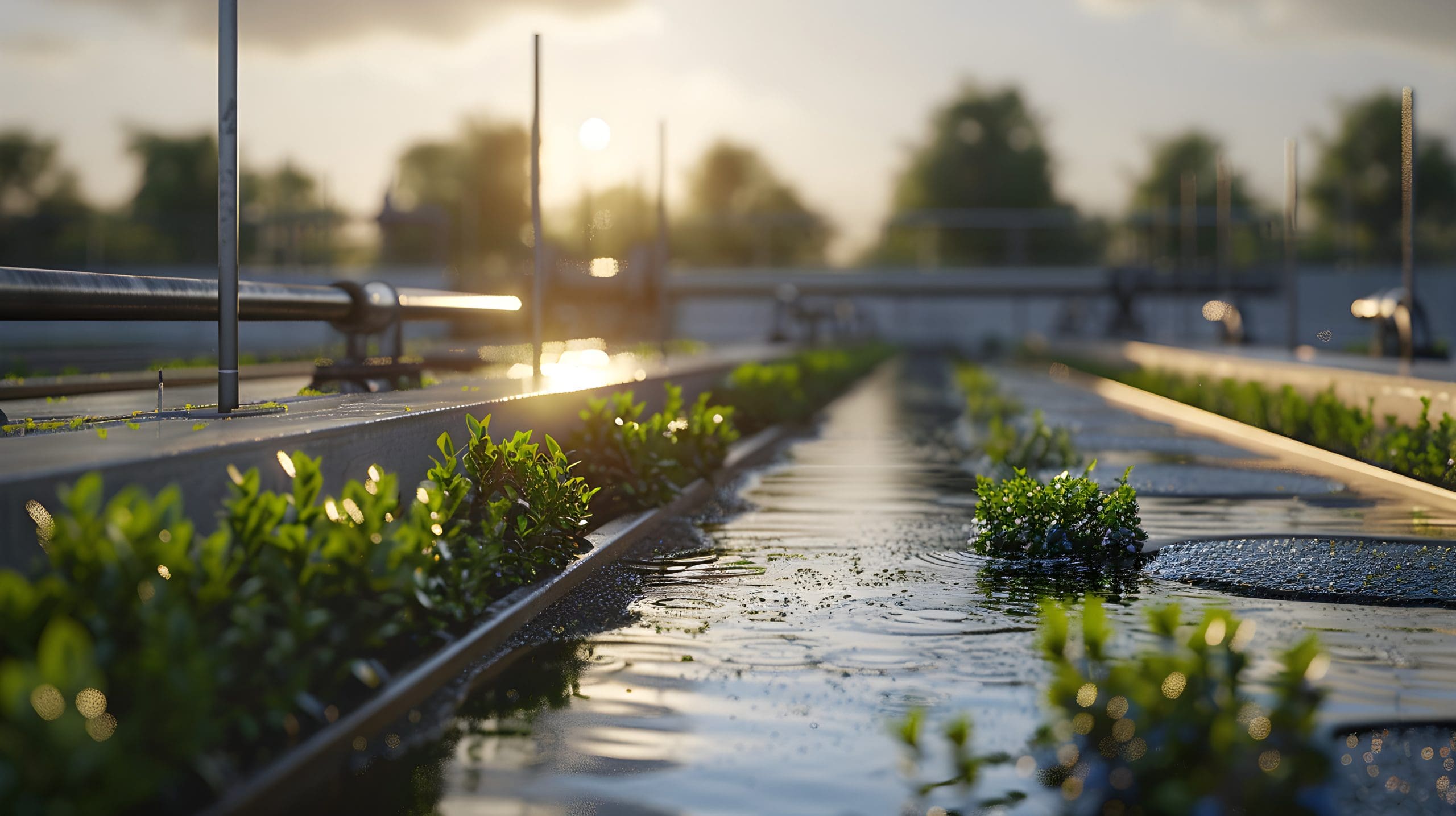 Sunlit aquaponics farm with rows of green plants growing in water-filled channels. Metal pipes run along the sides, providing a structured irrigation system. The background features blurred trees and a soft, golden sky indicating either dawn or dusk.