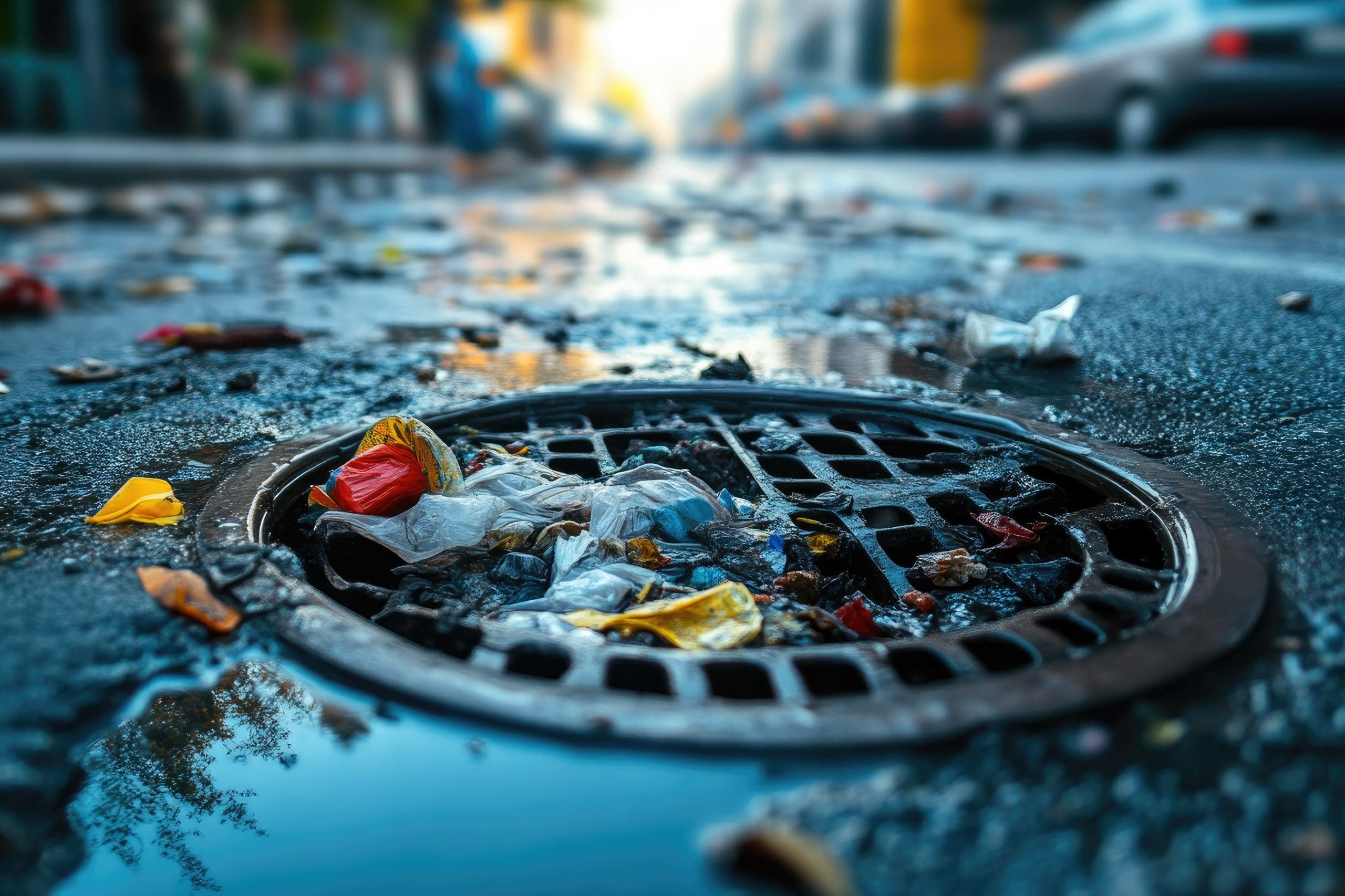 A close-up shot of a street drain clogged with litter, including plastic wrappers and miscellaneous trash. Puddles of water surround the drain, reflecting the blurry cityscape and parked cars in the background. The scene illustrates urban pollution.