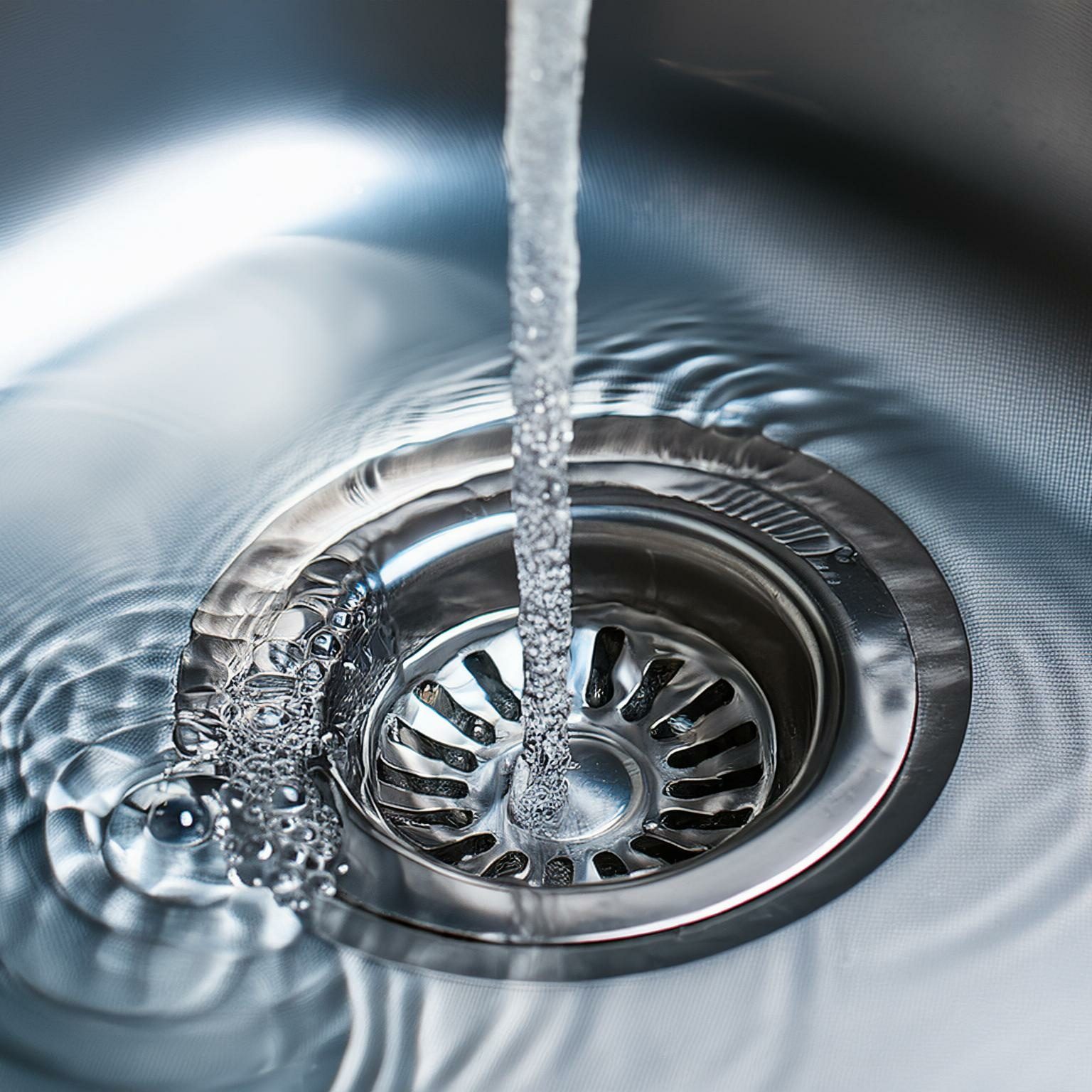 A close-up image of a stainless steel sink with water running into the drain. The water creates ripples and bubbles as it flows down. The sink is shiny and clean, and the circular drain cover has slotted openings.