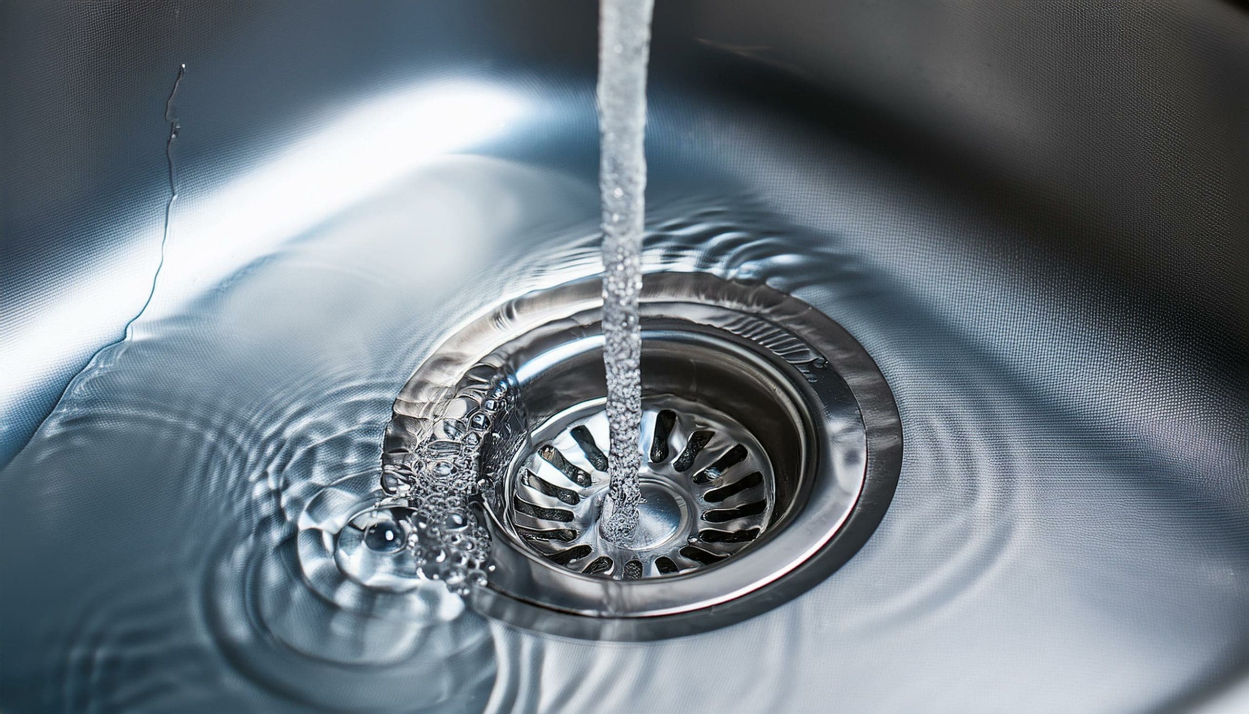 A close-up shot of water flowing from a faucet into a stainless steel sink. The water is hitting and swirling around the drain, creating ripples and light reflections on the sink's surface. The image focuses on the central drain area with a mesh cover.