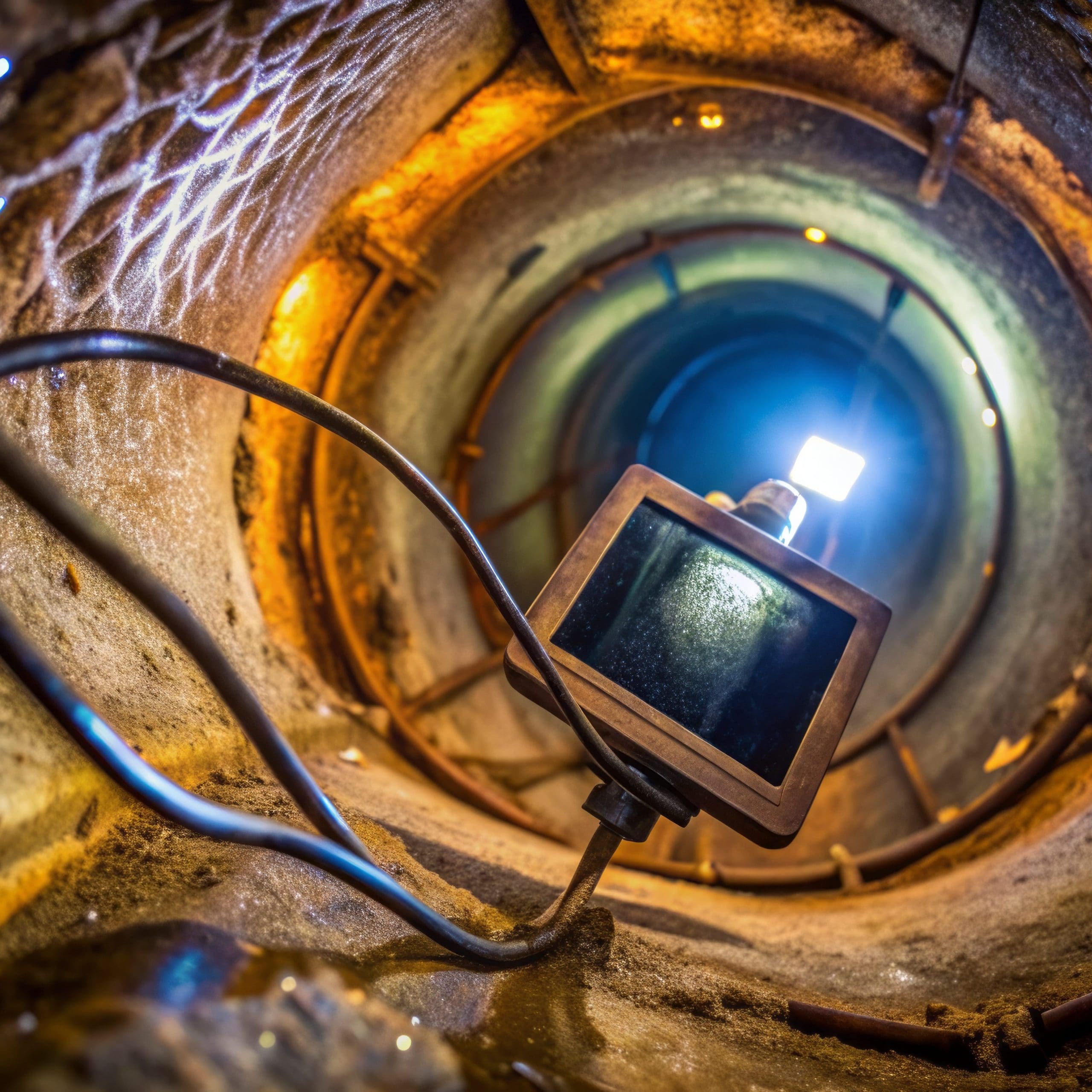 A camera on an extensible arm is aimed down a well-lit, circular tunnel with a rusty, industrial interior. The light illuminates the textured metal surfaces creating a moody, detailed atmosphere.