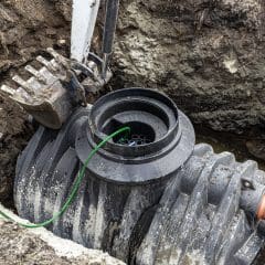 A large, gray, cylindrical septic tank being installed in an excavated trench. The top of the tank is open, exposing its interior. A green hose and a section of orange pipe are connected to the tank. An excavator bucket is seen aiding in the installation.