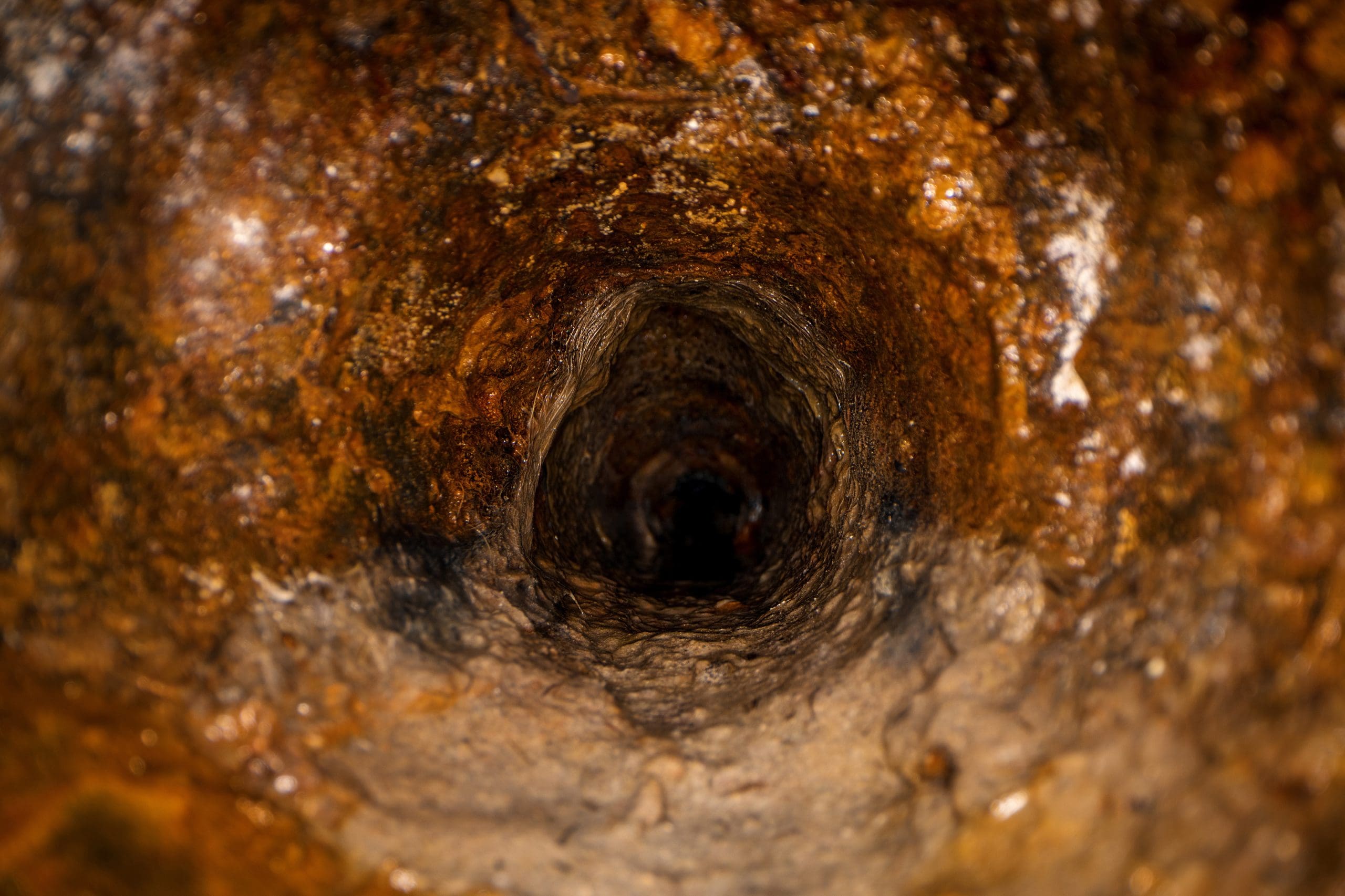 Close-up view of the interior of a corroded and rusted metal pipe. The cylindrical surface is rough and textured with layers of rust in shades of brown and orange. The tunnel narrows toward the center, creating a sense of depth.