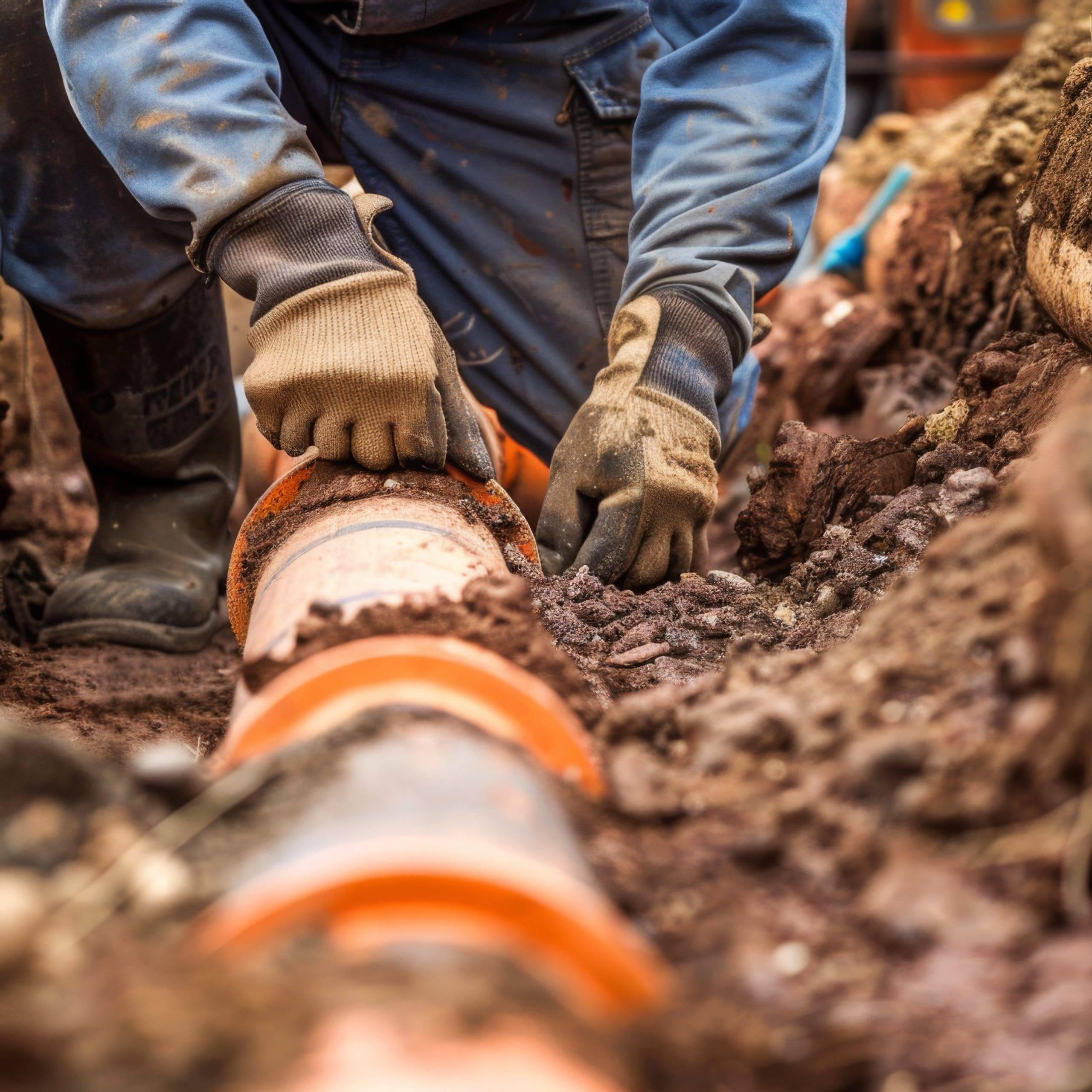 A worker in blue overalls and brown gloves is installing an orange pipeline in a trench filled with soil. The worker's hands are adjusting the pipe, and the surrounding area shows exposed earth and equipment for the construction project.