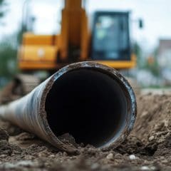 A close-up view of a large metal pipe being installed in a trench on a residential street. In the background, construction equipment and blurred houses and parked cars are visible, indicating an ongoing infrastructure or utility project.