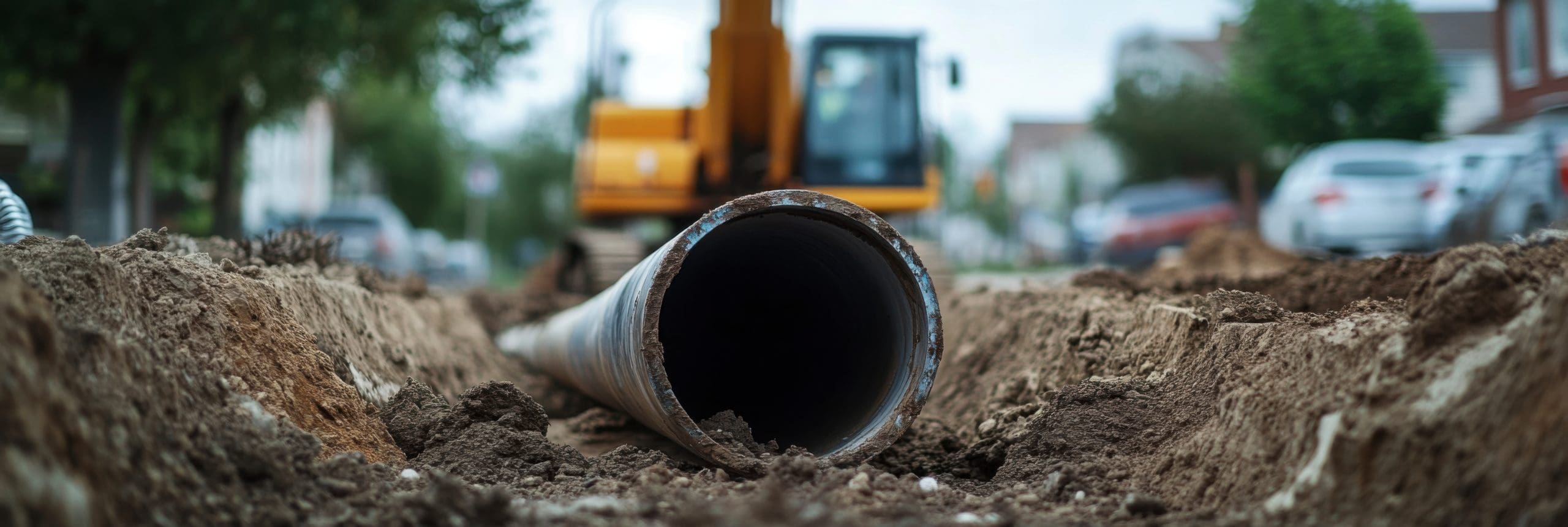 A close-up view of a large metal pipe being installed in a trench on a residential street. In the background, construction equipment and blurred houses and parked cars are visible, indicating an ongoing infrastructure or utility project.