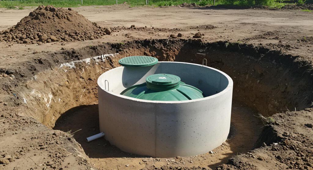 A large concrete septic tank with green plastic lids is installed in an excavated hole in the ground, surrounded by dirt piles and soil, at an outdoor construction site.