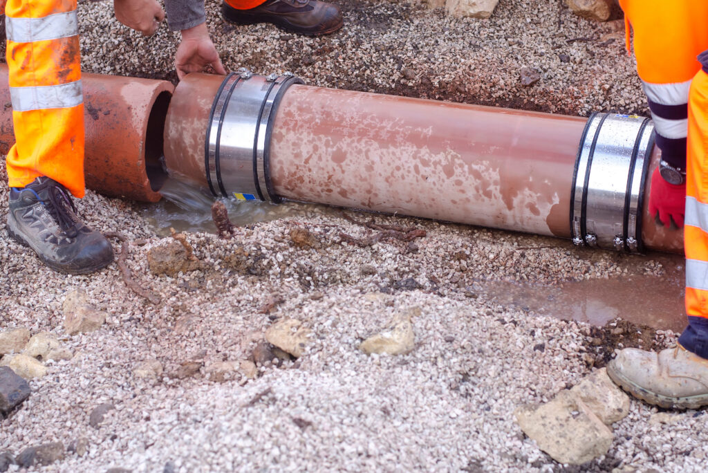 Two workers in orange reflective pants repair a large brown pipe with metal connectors, surrounded by gravel and rocks. Water is leaking from the broken section on the left.
