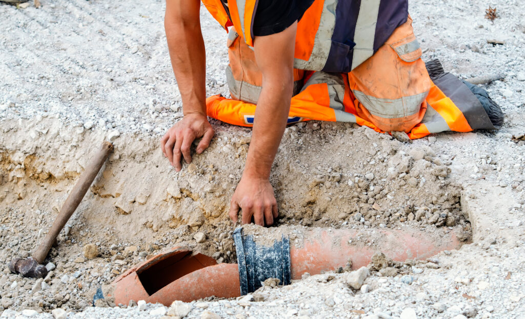 A worker in an orange safety vest kneels on the ground, repairing or inspecting a broken underground pipe surrounded by dirt and gravel.
